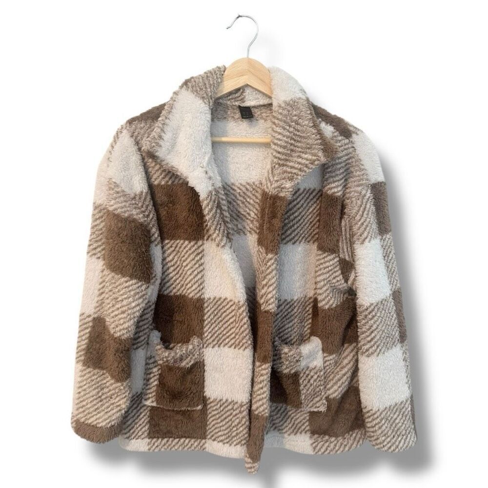 SHEIN Women's Plaid Sherpa Jacket Brown Size Small